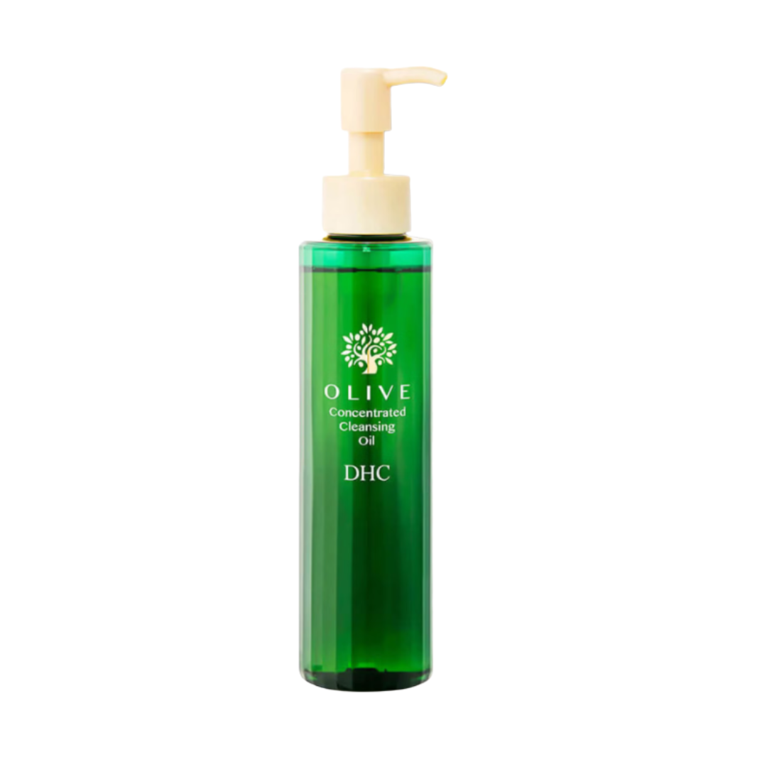A green bottle of DHC Olive Concentrated Cleansing Oil with a pump dispenser, labeled with the product name and brand.