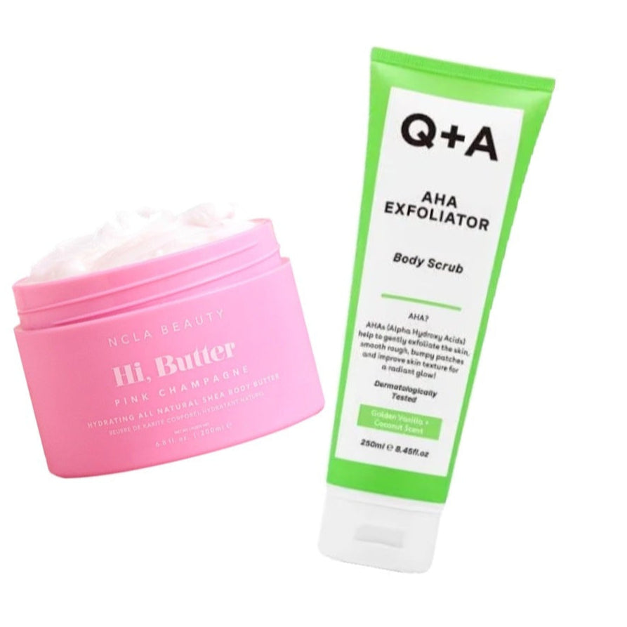 NCLA Pink champagne and Q +A Aha exfoliator