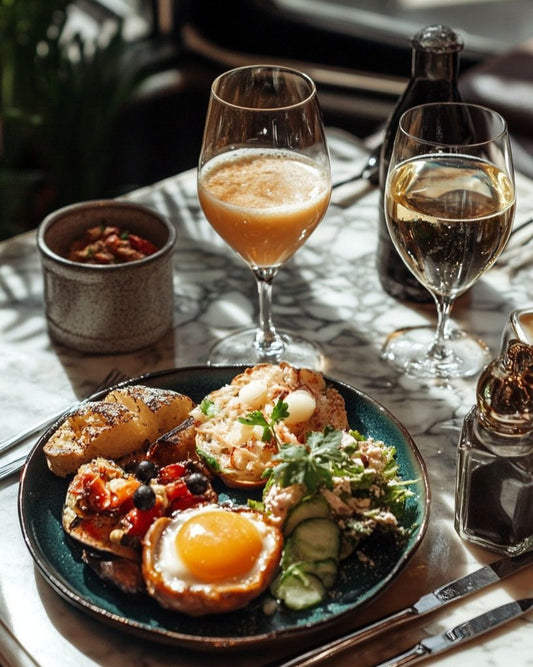 Dish with eggs and vegetables on a table with two glasses of drinks.