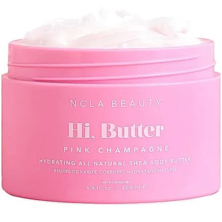 Pink jar of NCLA Beauty Hi, Butter Pink Champagne body butter with a white lid